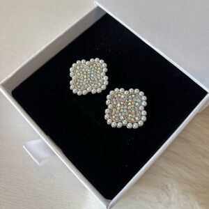 Fashion Clover Iridescent Rhinestone and Faux Pearl Stud Earrings